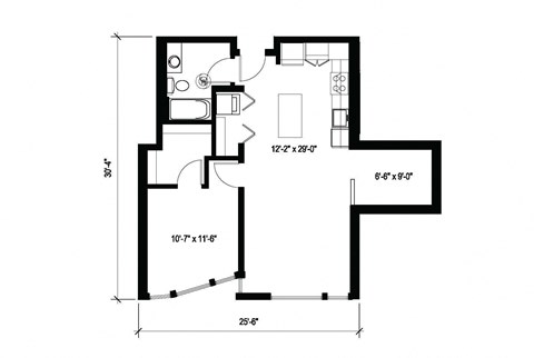 Floor plan for 1 bed, 1 bath, 763 sqft